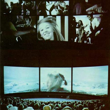 A movie theatre with multiple screens, some showing concurrent images while others show a collage of images.